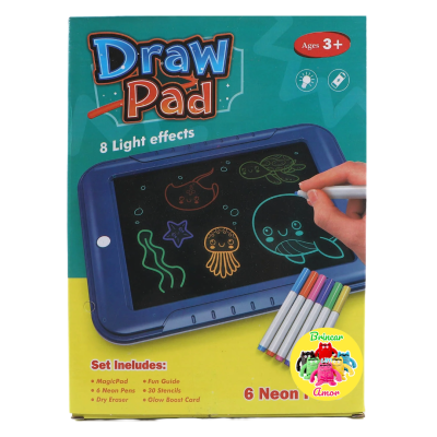 Caixa de conjunto de desenho com efeitos de luz e canetas neon para crianças