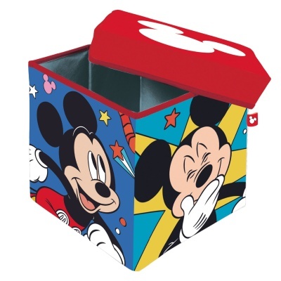 Caixa de arrumação infantil com estampado do Mickey Mouse e tampa vermelha.