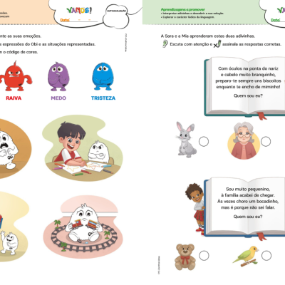 Páginas de livro educativo com personagens coloridos e exercícios para crianças