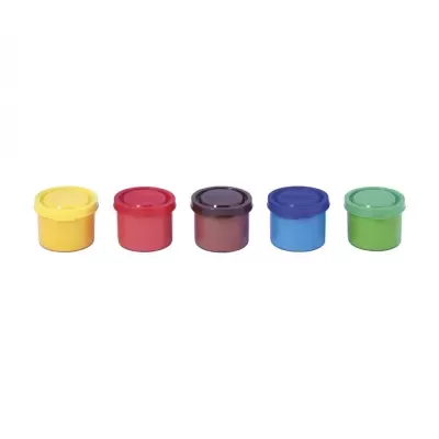 Cinco potes de plástico coloridos alinhados