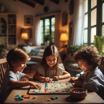 Crianças a jogar jogo de tabuleiro numa sala acolhedora