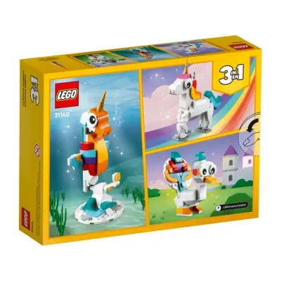 Caixa do conjunto LEGO Creator 3 em 1 com três modelos coloridos: peixe, unicórnio e ave