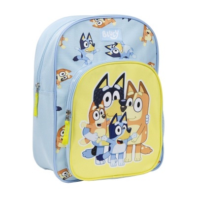 mochila azul e amarelo com personagens animados da série Bluey
