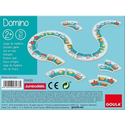 Jogo de dominó de madeira colorido com tema marinho em embalagem azul