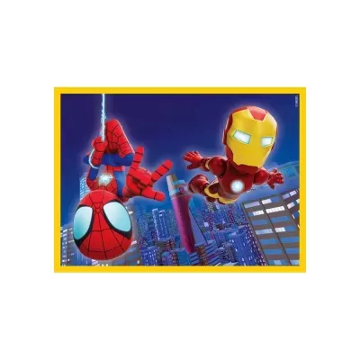 Puzzle com caricaturas do Homem-Aranha e Homem de Ferro num cenário noturno urbano com borda amarela