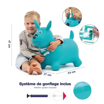 Brinquedo insuflável azul em forma de cão com bomba para insuflar