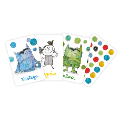 Cartas ilustradas com monstros e padrões coloridos e textos em português