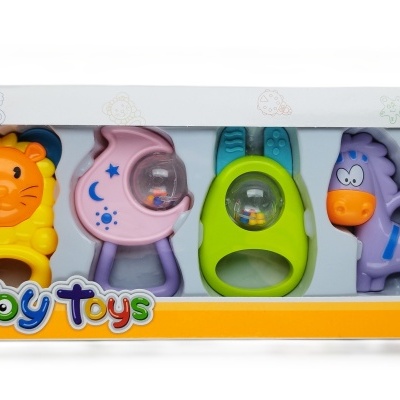 Conjunto de 4 brinquedos coloridos para bebé em caixa branca