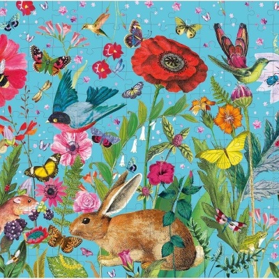 Ilustração colorida de flores, borboletas, um coelho e pássaros em fundo azul