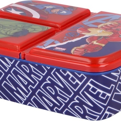 Marmita dos Vingadores com tampas vermelhas e ilustrações dos heróis Marvel