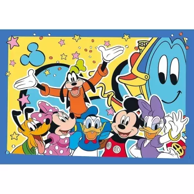 Personagens clássicos da Disney em fundo colorido com estrelas e silhueta do Mickey