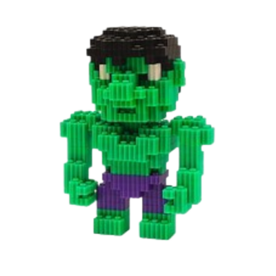 Boneco pixelado verde com calças roxas e cabelo preto
