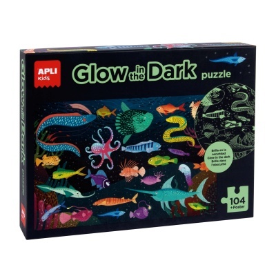 Caixa de puzzle 'Glow in the Dark' com 104 peças e poster, design marinho colorido em fundo escuro