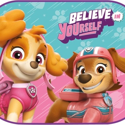 Duas personagens caninas animadas em roupa colorida com texto motivacional