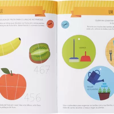 Página de livro com ilustrações de frutas e gráficos de tarefas domésticas com texto em português