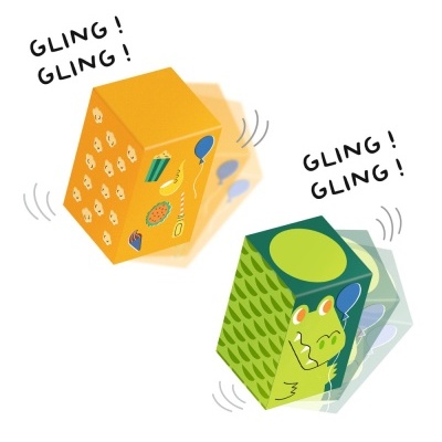 Dois cubos de brinquedo inclináveis coloridos com desenhos de pipoca e crocodilo em fundo branco