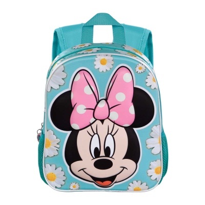 Mochila azul com estampa da Minnie Mouse e margaridas brancas