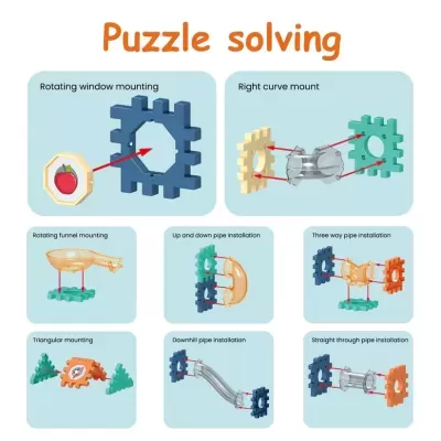 Instruções de montagem de peças de plástico coloridas para tubos com diferentes tipos de montagem descritos em inglês