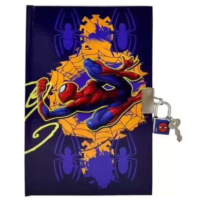 Caderno azul escuro com Homem-Aranha e cadeado prateado