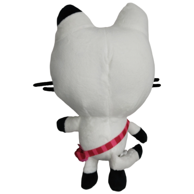 Pelúcia de gato branca com detalhes pretos e fita rosa