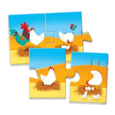 Peças de puzzle com galinhas, galo, ovos e fundo azul e amarelo