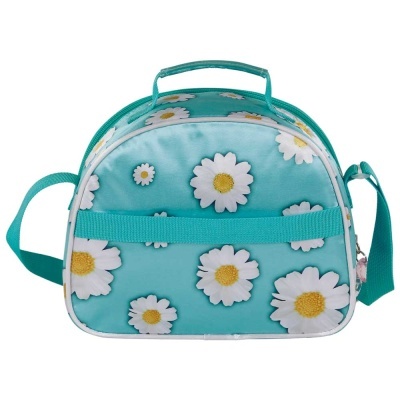 Bolsa de transporte azul turquesa com padrão de flores brancas e amarelas
