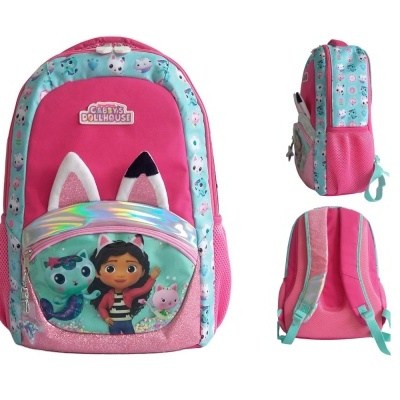 Mochila infantil rosa com personagens animados e orelhas de gato