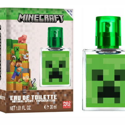 Eau de Toilette Minecraft com embalagem e frasco com rosto de Creeper