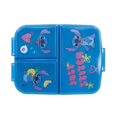Estojo azul com personagens do Stitch e texto JUST STITCH.