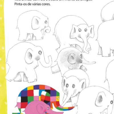 Página de livro infantil com elefantes ilustrados e texto em português