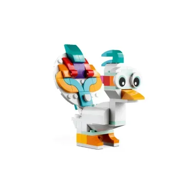 Figura de pássaro LEGO colorida com olhos grandes e cauda decorada.