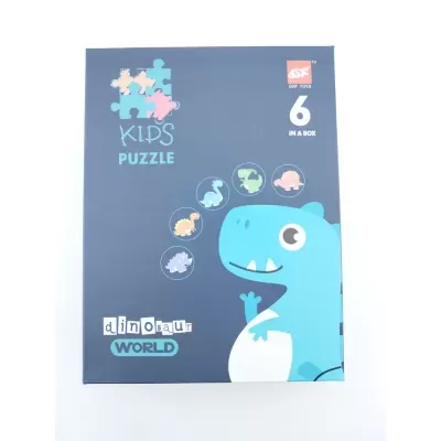 Caixa de puzzle infantil azul escuro com dinossauros e texto temático