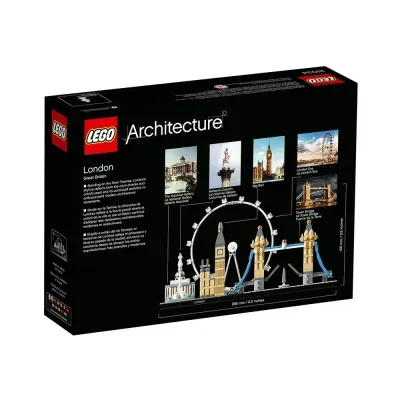 Caixa de LEGO Architecture London com miniaturas dos marcos de Londres em fundo preto