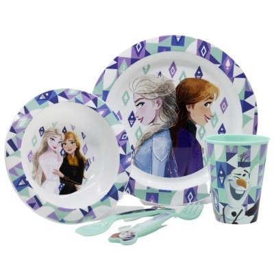 Conjunto infantil Frozen com pratos, copo e talheres coloridos e decorados