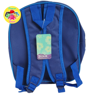 Mochila azul escura com alças ajustáveis e etiqueta com estampado floral e texto Stitch