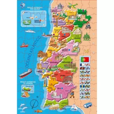 Imagem de quebra-cabeça com mapa ilustrado de Portugal e ilustrações coloridas.