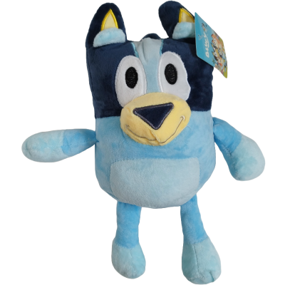 Pelúcia de cachorro azul e azul escuro com olhos grandes e etiqueta azul