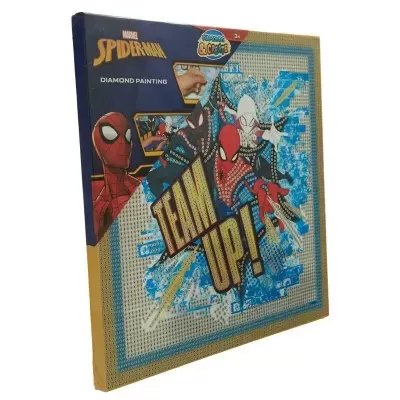 Conjunto de pintura com diamantes Spider-Man com imagem colorida de personagens e texto TEAM UP!