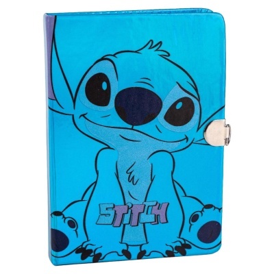 Caderno azul com ilustração do Stitch e fecho bege