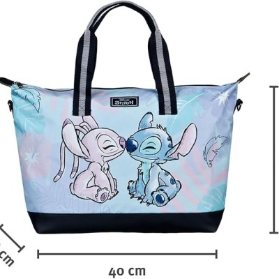 Bolsa de mão azul com estampa dos personagens Stitch e Angel