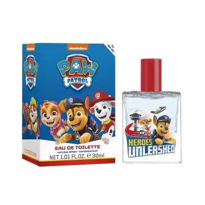 Perfume Paw Patrol com embalagem azul e personagens 
