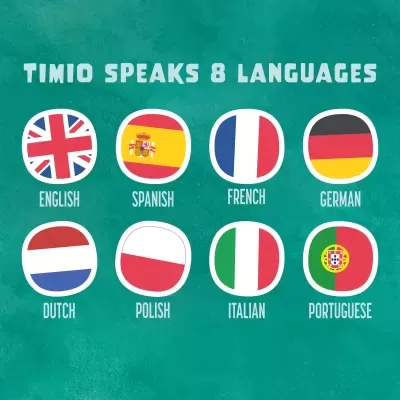 Oito bandeiras e texto 'TIMIO SPEAKS 8 LANGUAGES' em fundo verde