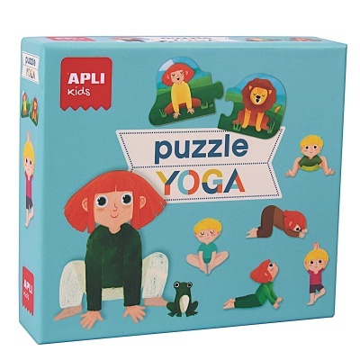 Caixa de puzzle para crianças com tema de yoga e ilustrações coloridas