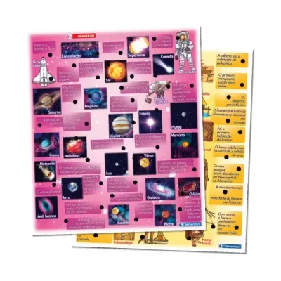 Cartões educativos coloridos sobre o universo com imagens de planetas, astros e astronautas.