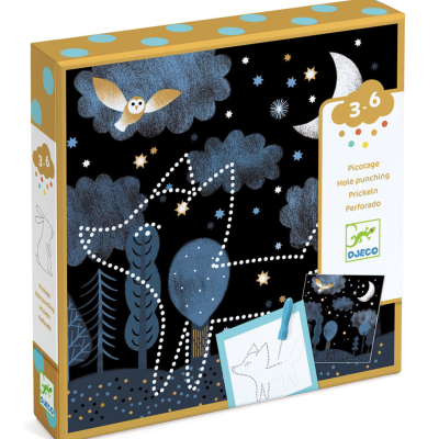 Caixa de jogo de picotagem com imagem noturna de raposa em pontos para furar