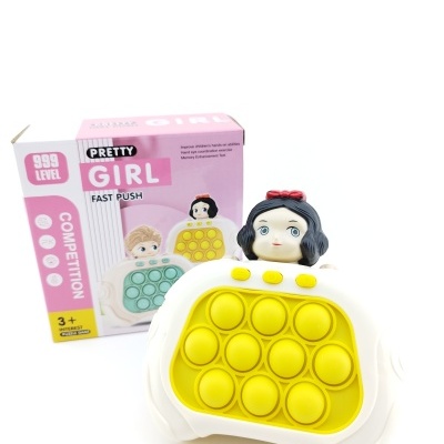 Brinquedo de silicone amarelo com figura de menina em dispositivo branco e caixa rosa