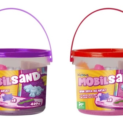 Duas embalagens de areia colorida MOBIL SAND com tampas roxa e vermelha