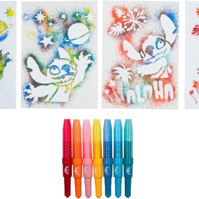 Desenhos coloridos de Stitch e marcadores em várias cores