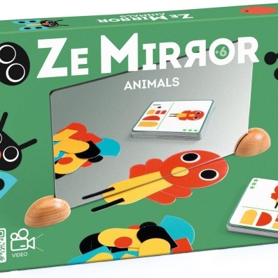 Caixa verde do jogo Ze Mirror Animals com espelho e ilustrações de animais coloridos.