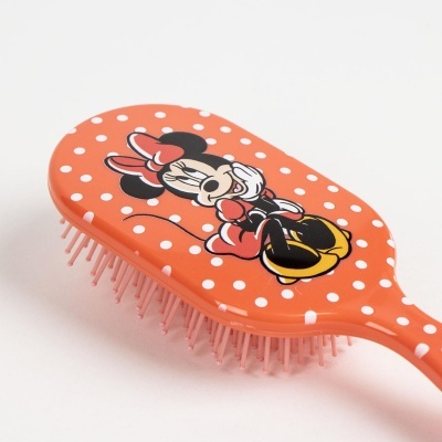 Escova de cabelo laranja com Minnie Mouse e bolinhas brancas
